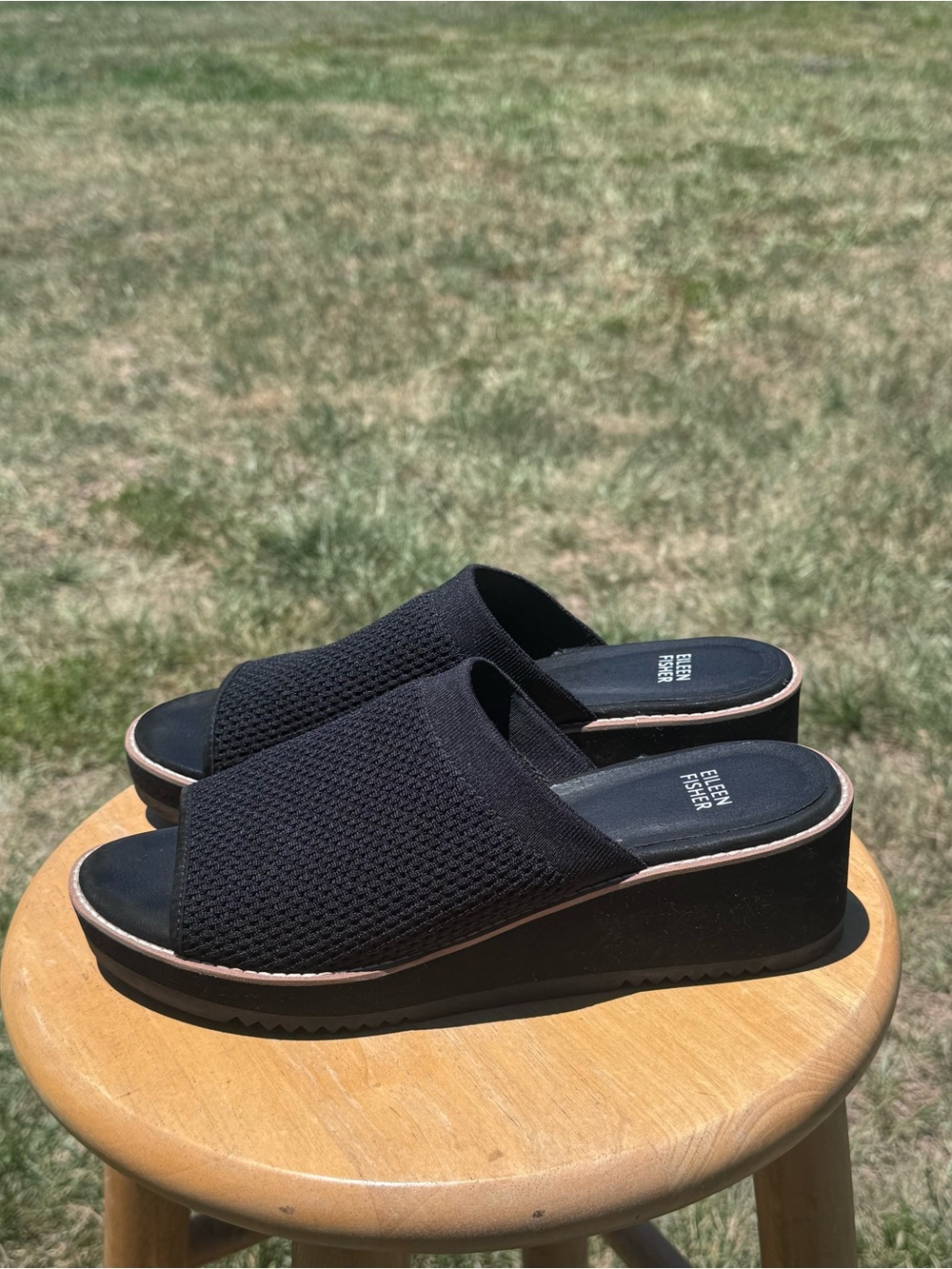 Ladies Eileen Fisher Black Knit Slide Mules with Subtle Trim